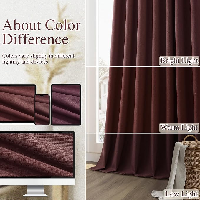 Guken Reddish Brown 100% Blackout Linen Curtains 120 Inch Length 2 Panels Set - Image 7