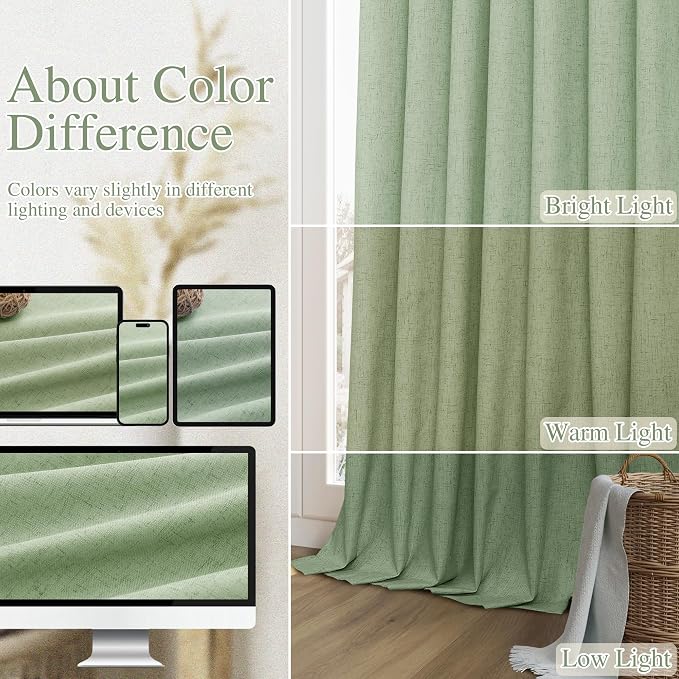 Guken Light Sage 100% Blackout Linen Curtains 90 Inch Length 2 Panels Set - Image 7