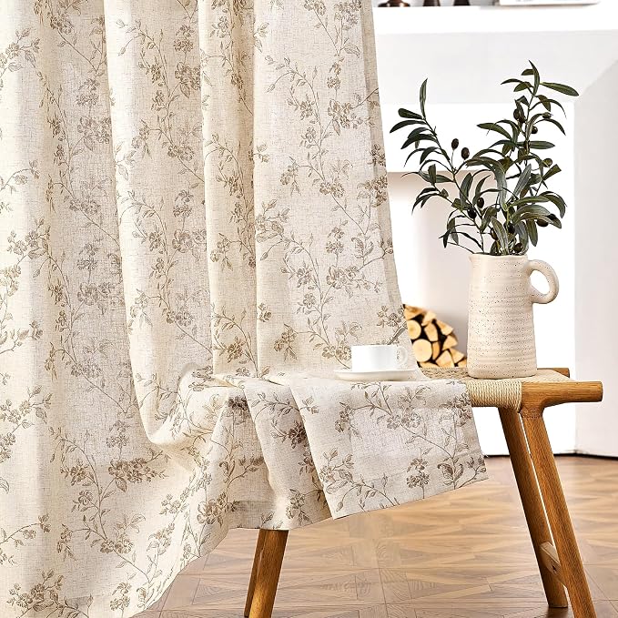 Lazzzy 90 Inch Curtain for Living Room Taupe Floral Drapes Linen for Bedroom - Image 8
