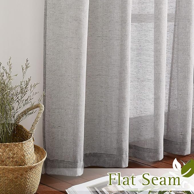 NICETOWN Charcoal Grey Solid Linen Sheer Curtains, Ring Top Thick Flax Light - Image 6