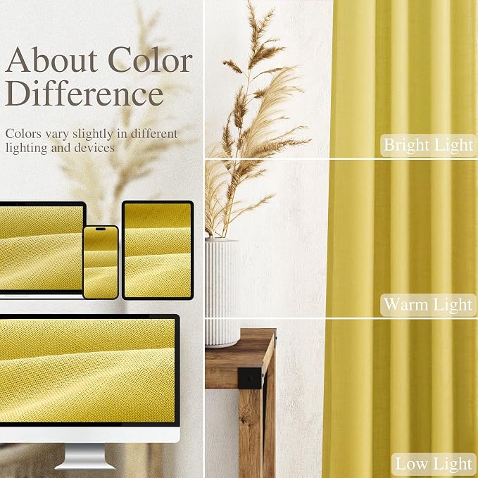 Nanspring Celery Yellow Linen Curtains 84 Inch Length 2 Panels Set - Image 3
