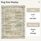 5x7 Area Rugs Green Orange Low Pile Indoor Washable Trendy Faded Style Rugs - Image 5