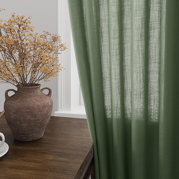 Extended Curtain Olive Green Linen Sheer Curtains - Image 2