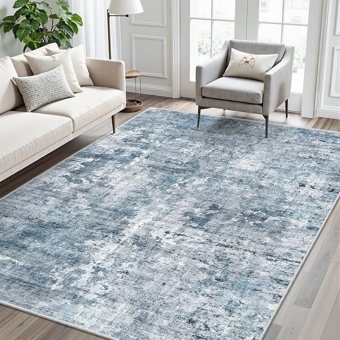Abstract Rug 5x7 Machine Washable Area Indoor Blue Low Pile Non-Slip Foldable - Image 2