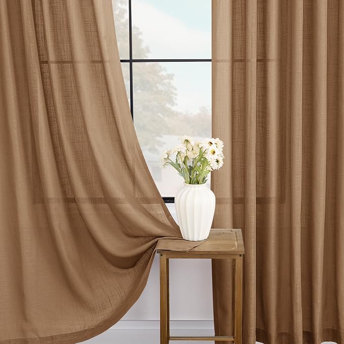 Brown Curtains for Living Room Back Tab Modern Farmhouse Semi Sheer Brown - Image 4