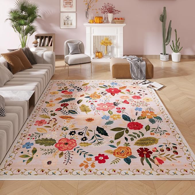 Rugcomf Living Room Rug 6x9 Rug Machine Washable Boho Area Rug Non Slip Floral by Rugcomf