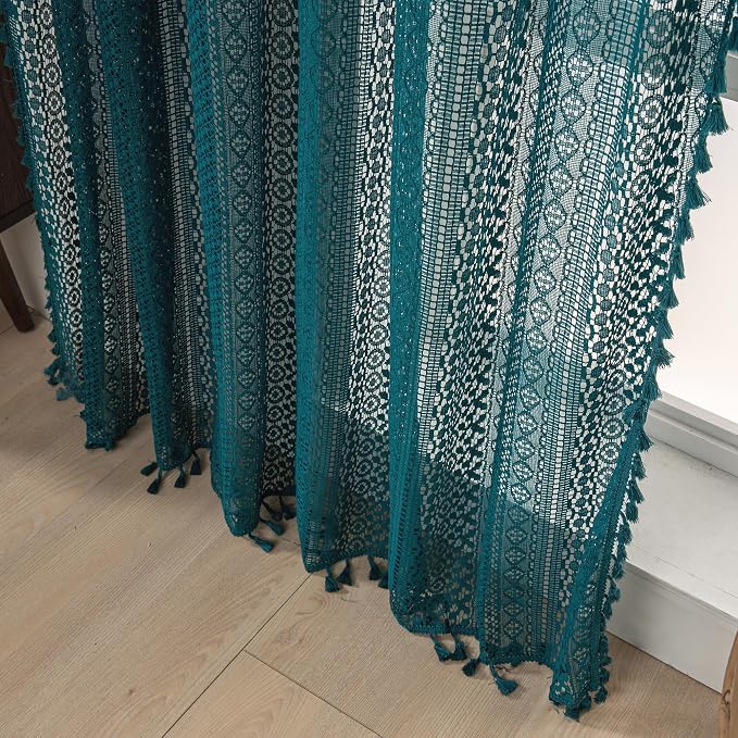 WAZZIO Boho Lace Curtains 84 Inches 2 Panel, Light Filtering Privacy Tassel & - Image 6