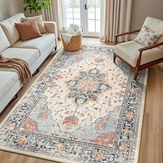 Area Rugs 5'x8' Washable Non-Slip, Floral Vintage Distress Print Pattern by RELEANY