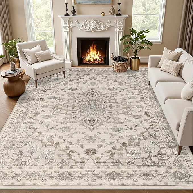 Area Rugs 10x12 Living Room Rug: Washable Rug Soft Vintage Distressed Floral by EXPEDIX