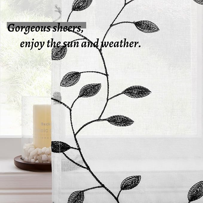 MRTREES Sheer Curtain Valance Rod Pocket, Voile Leaves Embroidered Christmas - Image 4