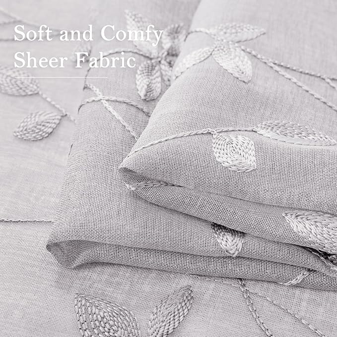HOMEIDEAS Light Grey Sheer Curtains 52 X 96 Inches Length 2 Panels Embroidered - Image 5
