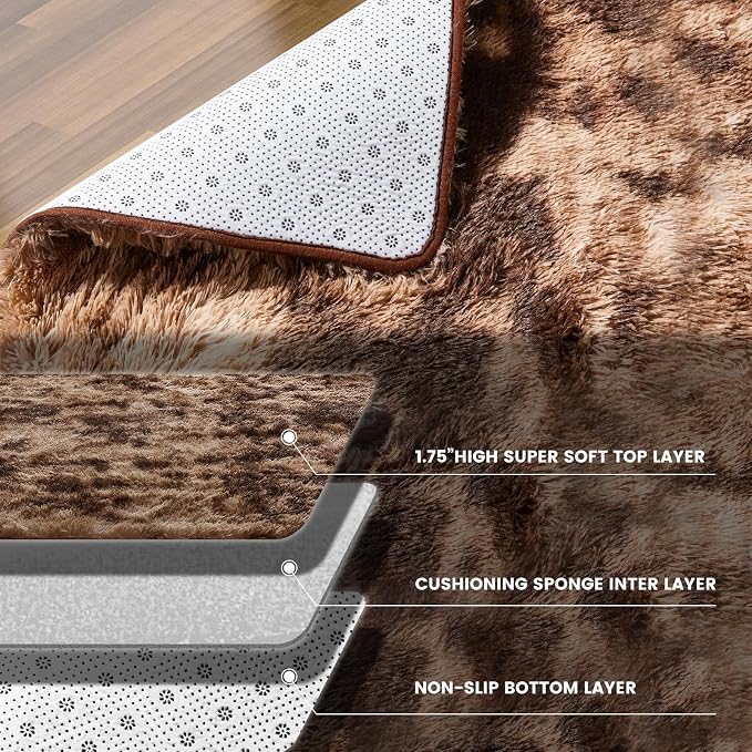 Fluffy Shag Area Rugs for Bedroom, 5x7 Ft Tie-Dyed Coffee Upgrade Anti-Skid - Image 5