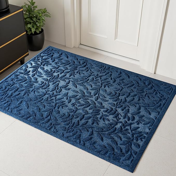 Blue Leaves Outdoor Indoor Entrance Door mat, Absorbent Durable Heavy Duty by VivaNest