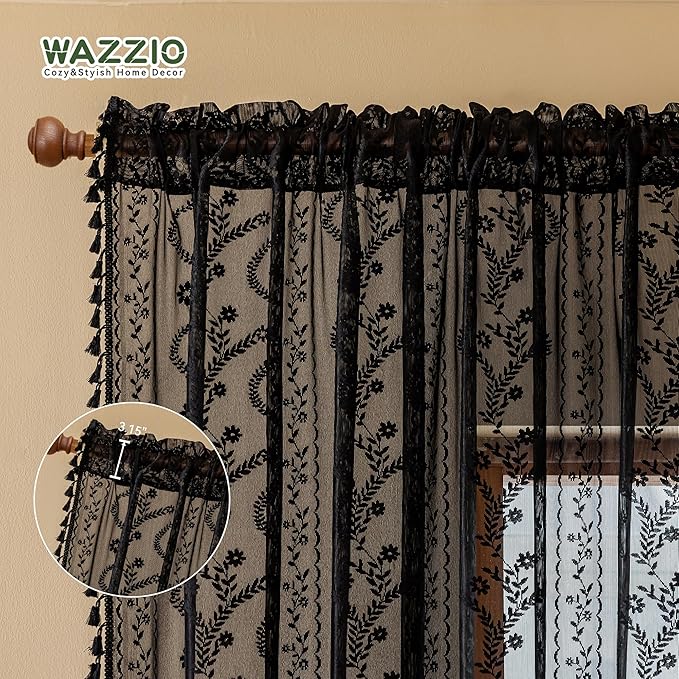 WAZZIO Boho Lace Curtains 63 Inch -Vintage Victorian Sheer Panel Drape Floral - Image 6