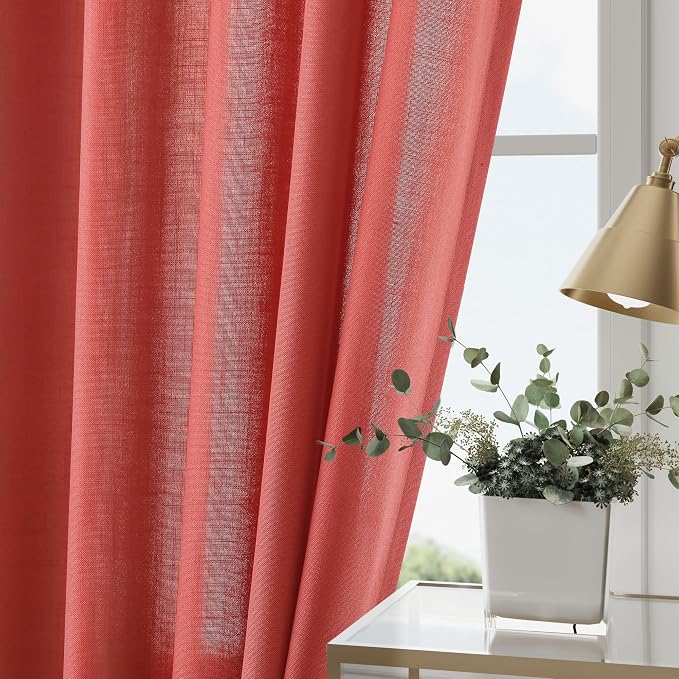 Nanspring Watermelon Red Linen Curtains 84 Inch Length 2 Panels Set, Back Tab - Image 2