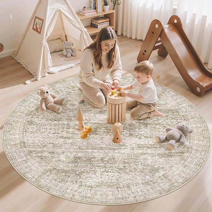 Soalmost 5x5 Brown Round Rug 5ft Living Room Circle Rug Vintage Round Area Rug - Image 3