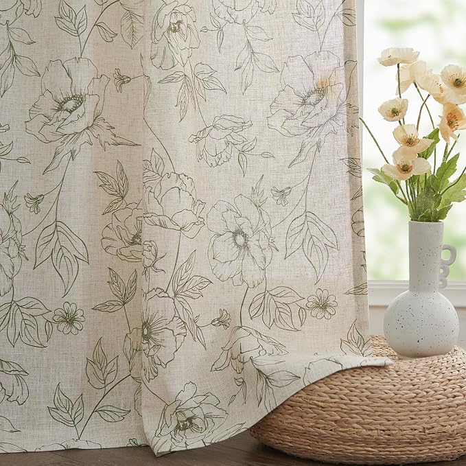 jinchan Floral Linen Curtains for Living Room 84 Inch Length Green Flower - Image 7