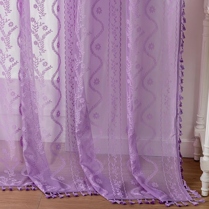 WAZZIO Boho Lace Curtains 84 Inch 2 Panels -Sheer Panel Drape Floral Pattern & - Image 6