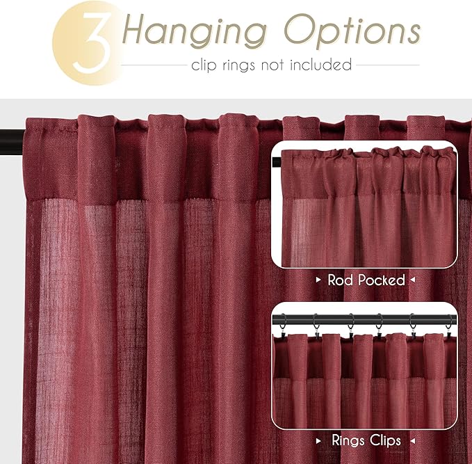Burgundy Curtains for Living Room Back Tab Modern Farmhouse Semi Sheer Burgundy - Image 2