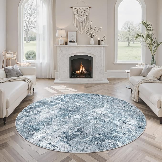 5x5 Blue/Grey Round Rug 5ft Living Room Circle Rug Vintage Round Area Rug Non - Image 4