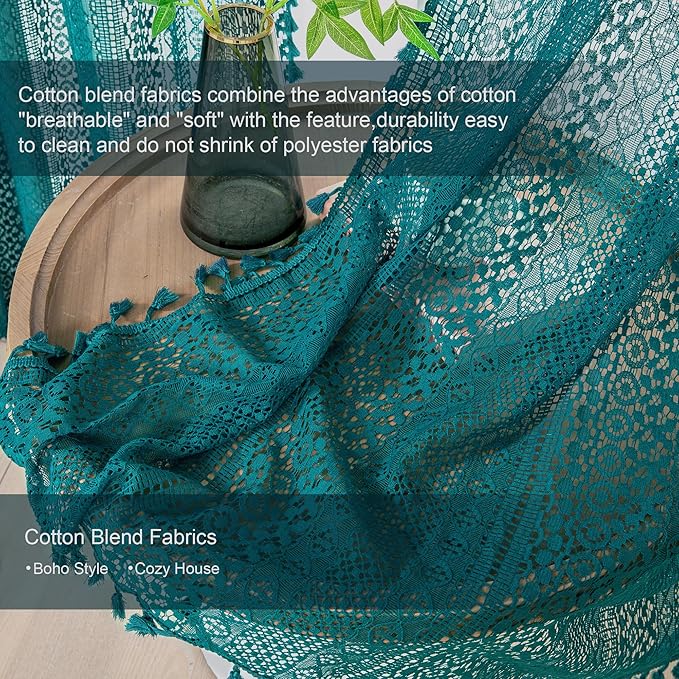 WAZZIO Boho Lace Curtains 84 Inches 2 Panel, Light Filtering Privacy Tassel & - Image 4