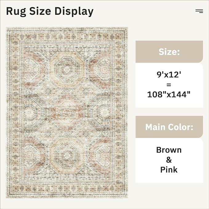 9x12 Area Rugs for Living Room, Non Slip Machine Washable Vintage Rugs - Image 3