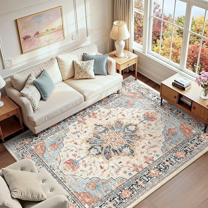 RELEANY Area Rugs 6'x9' Washable Non-Slip, Floral Vintage Distress Print by RELEANY