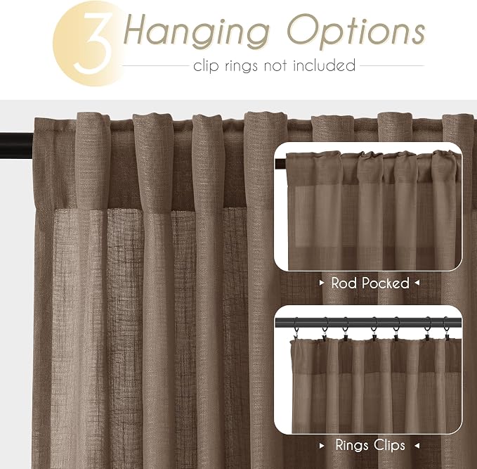 Chocolate Brown Linen Curtain 120 inch Length 2 Panels Back Tab Light Filtering - Image 2