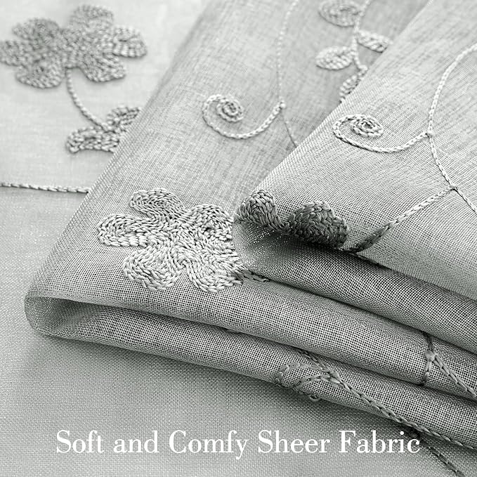 HOMEIDEAS Grey Sheer Curtains 96 Inches Long 2 Panels Embroidered Floral - Image 3