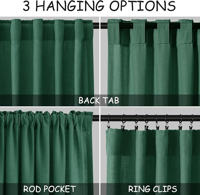 Dark Green Linen Curtains 90 Inch Long 2 Panels Set - Image 2