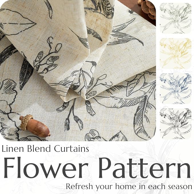 jinchan Floral Curtains 96 Inches Long Black Flower Linen Farmhouse Curtain - Image 4