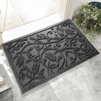 Boho Grey Floral Leaves Outdoor Indoor Entrance Doormats, Absorbent Durable by VivaNest