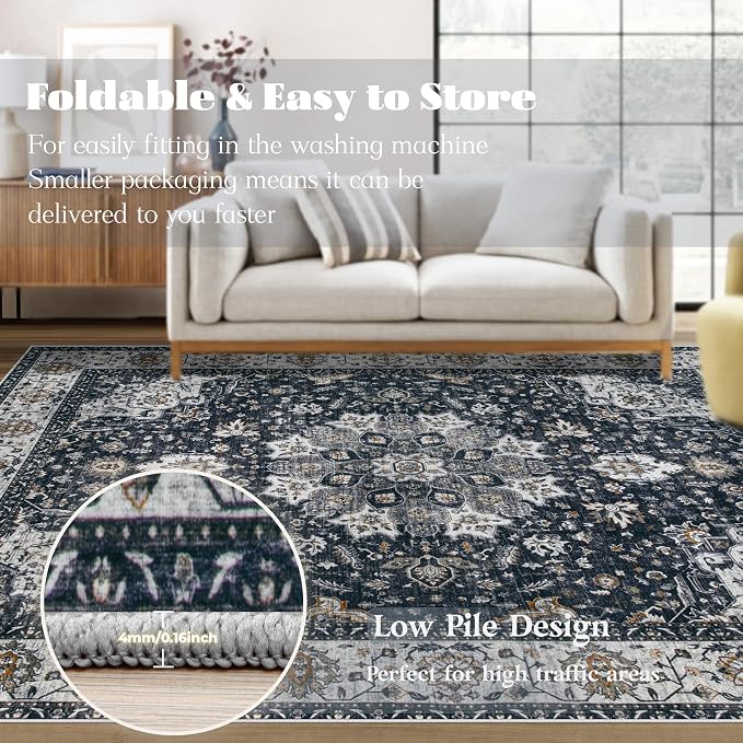 Area Rug 8x10 Washable Rug, Vintage Boho Medallion Rugs Non-Slip Soft Low Pile - Image 6