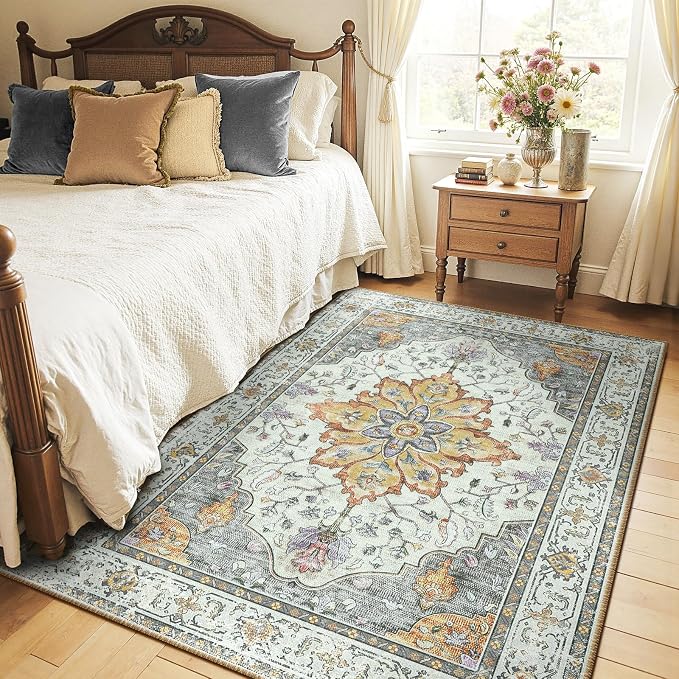 Area Rugs 4'x6' Washable Non-Slip, Floral Vintage Distress Print Pattern - Image 2