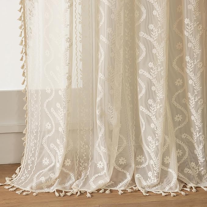 WAZZIO Boho Lace Curtains 2 Panels 90 Inches -Cute Vintage Victorian Sheer by WAZZIO