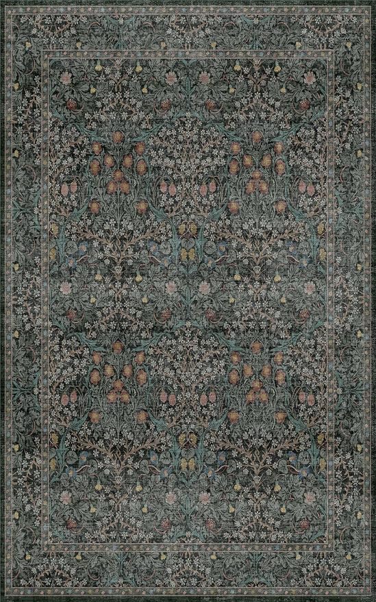 Washable Vintage 5x8 Living Room Rug, Dark Green Floral Area Rug - Image 2
