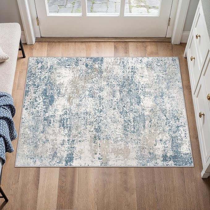 Blue 2x3 Area Rug Washable Abstract Entryway Carpet Modern Neutral Non Slip - Image 2