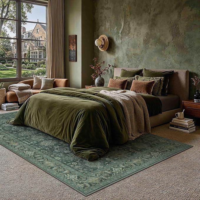 6x9 Washable Area Rug for Living Room Bedroom Vintage Green Carpet Soft Low - Image 3