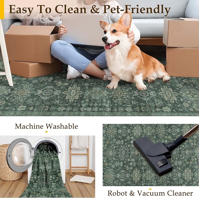 6x9 Washable Area Rug for Living Room Bedroom Vintage Green Carpet Soft Low - Image 4