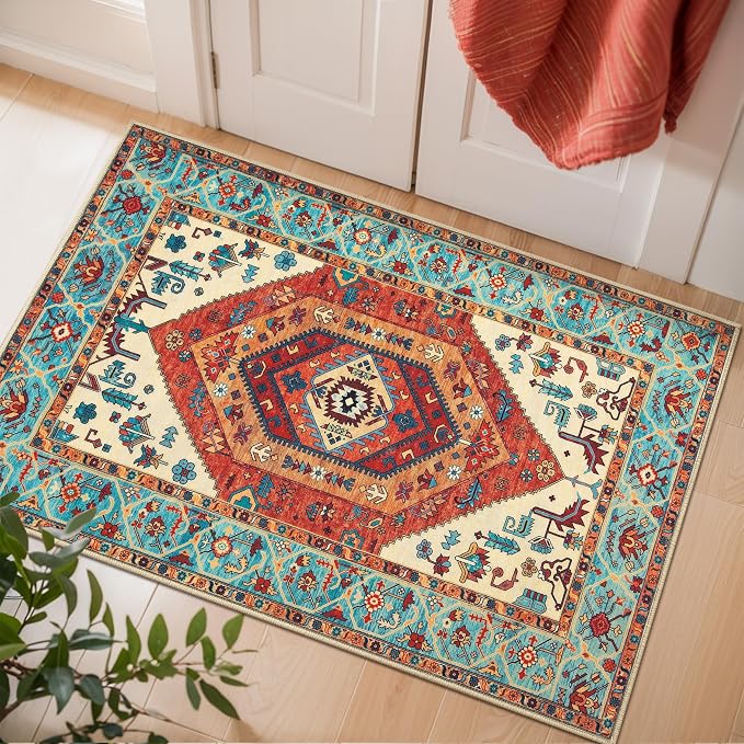 SERISSA Boho Rugs for Entryway, 2x3 Orange Entryway Rug Non-Slip Washable Small by SERISSAHomeDecorCollection