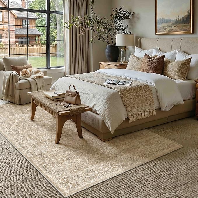 6x9 Washable Area Rug for Living Room Bedroom Vintage Beige Carpet Soft Low - Image 3