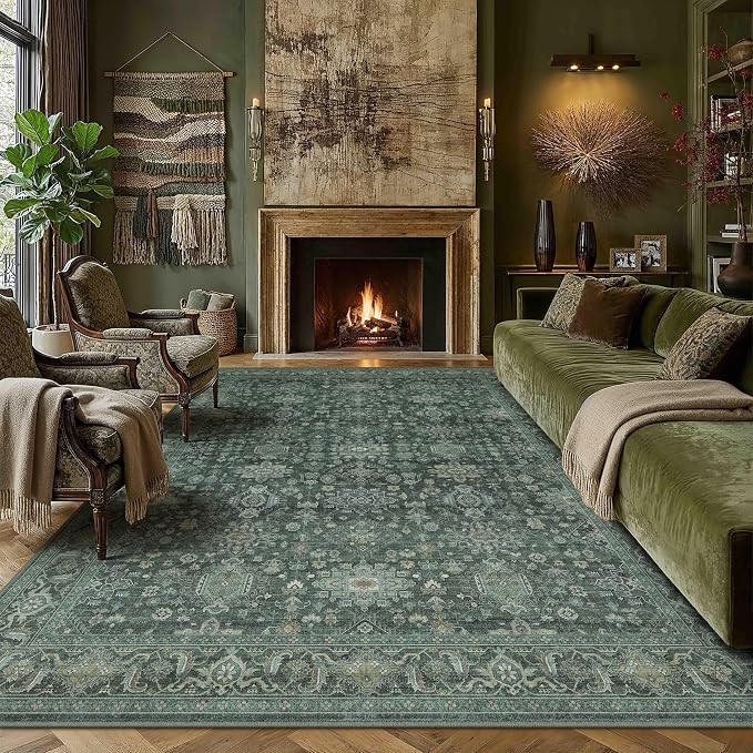 8x10 Washable Area Rug for Living Room Bedroom Vintage Green Non Slip Carpet by WondRg