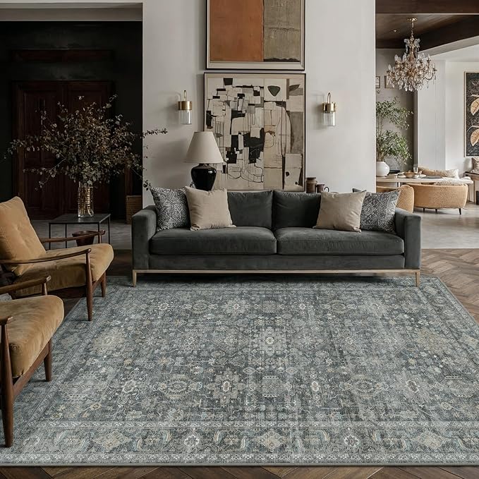 6x9 Washable Area Rug for Living Room Bedroom Vintage Black Grey Carpet Soft by WondRg