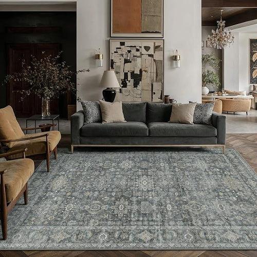 6x9 Washable Area Rug for Living Room Bedroom Vintage Black Grey Carpet Soft by WondRg