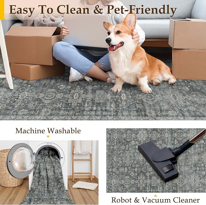 8x10 Washable Area Rug for Living Room Bedroom Vintage Black Grey Non Slip - Image 5
