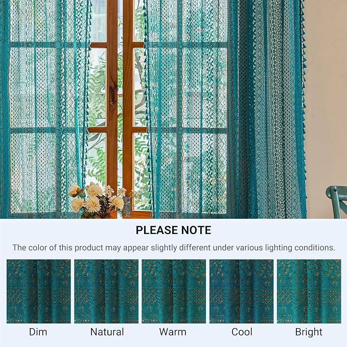 WAZZIO Boho Lace Curtains 63 Inches 2 Panel, Light Filtering Privacy Tassel & - Image 11