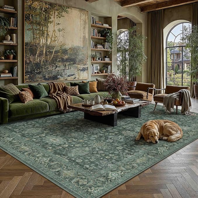 8x10 Washable Area Rug for Living Room Bedroom Vintage Green Non Slip Carpet - Image 4