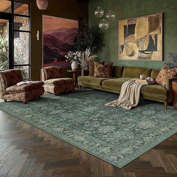 6x9 Washable Area Rug for Living Room Bedroom Vintage Green Carpet Soft Low by WondRg